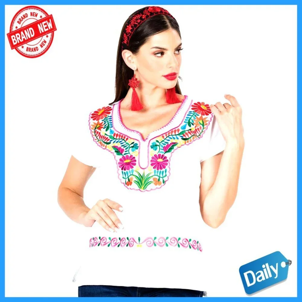 Girls Medium Embroidered Cotton Blouse Long Sleeve Collared